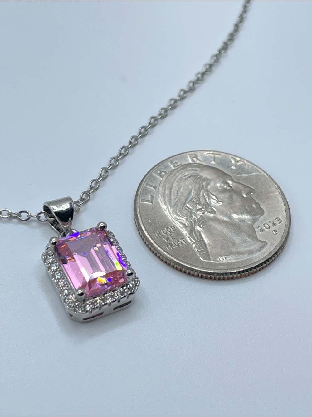 Silver Pink Crystal Halo Pendant Necklace Emerald Cut Glam Statement - Picture 3 of 5